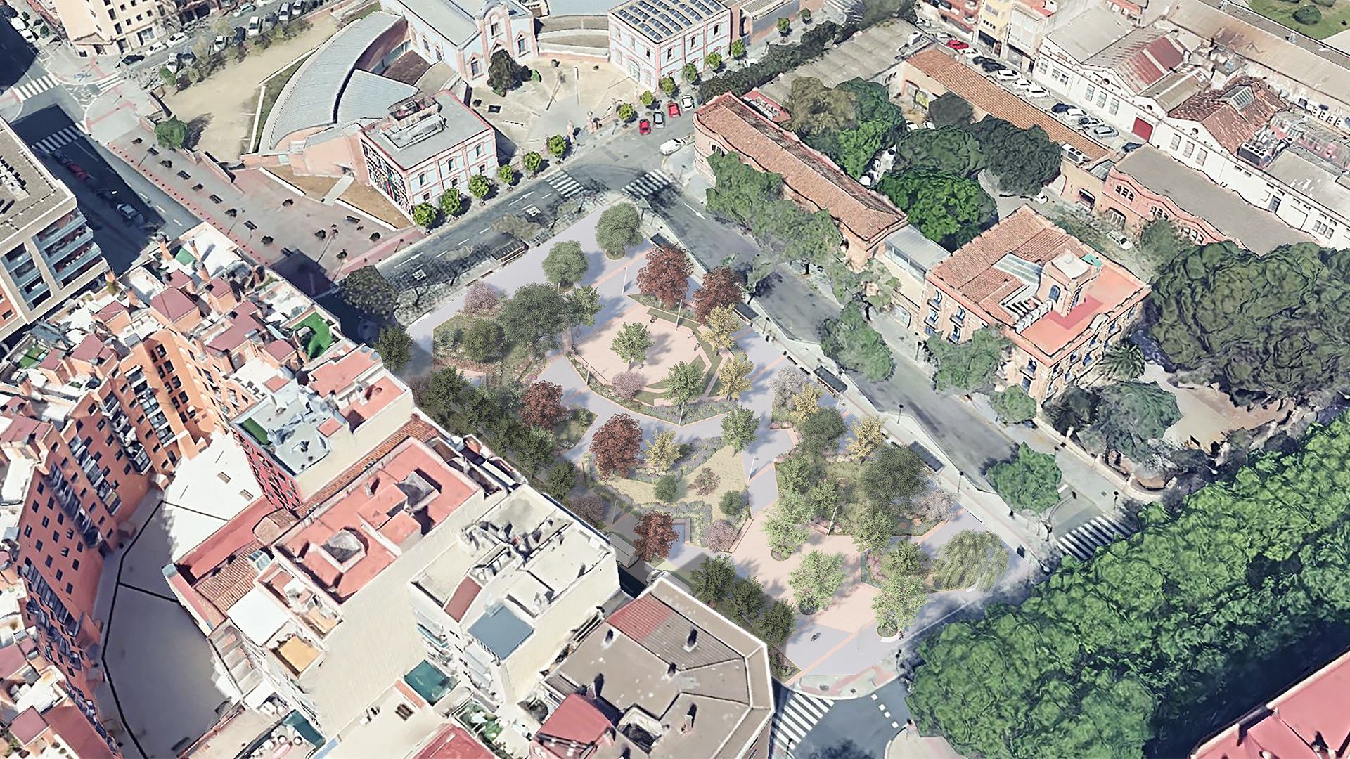 Proyecto de reurbanización de la zona verde frente a la Biblioteca Xavier Amorós de Reus | FOTO: GYS ARQUITECTURA