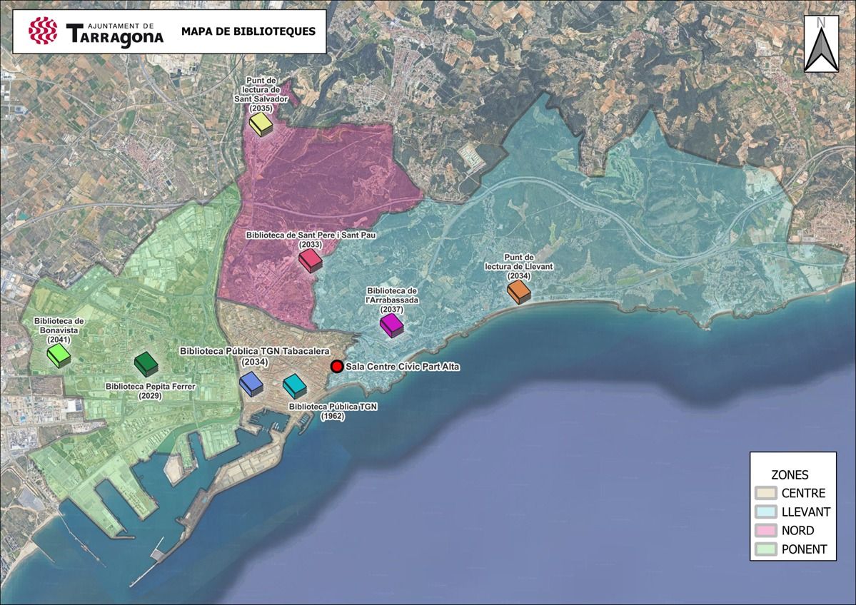 Mapa de Biblioteques del desplegament aprovat pel Ple de l'Ajuntament de Tarragona de cara a les pròximes dècades
