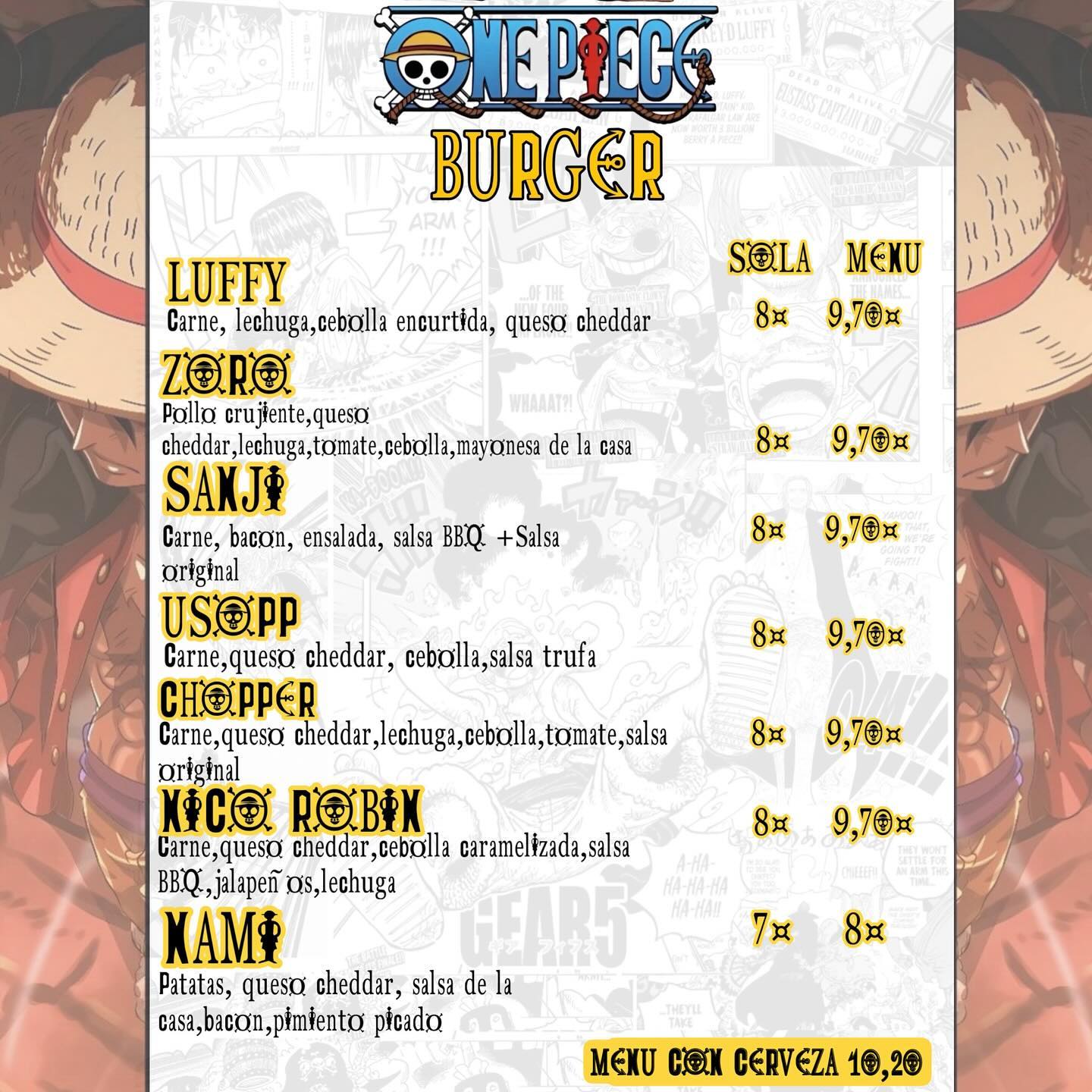 Menú del restaurant One PIece Burger de Tarragona