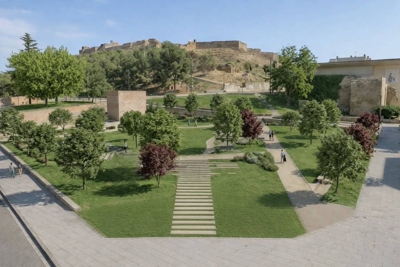 Imagen virtual del futuro parque de la Puerta de Sant Martí, un nuevo bosque urbano en el Centro Histórico de Lleida.