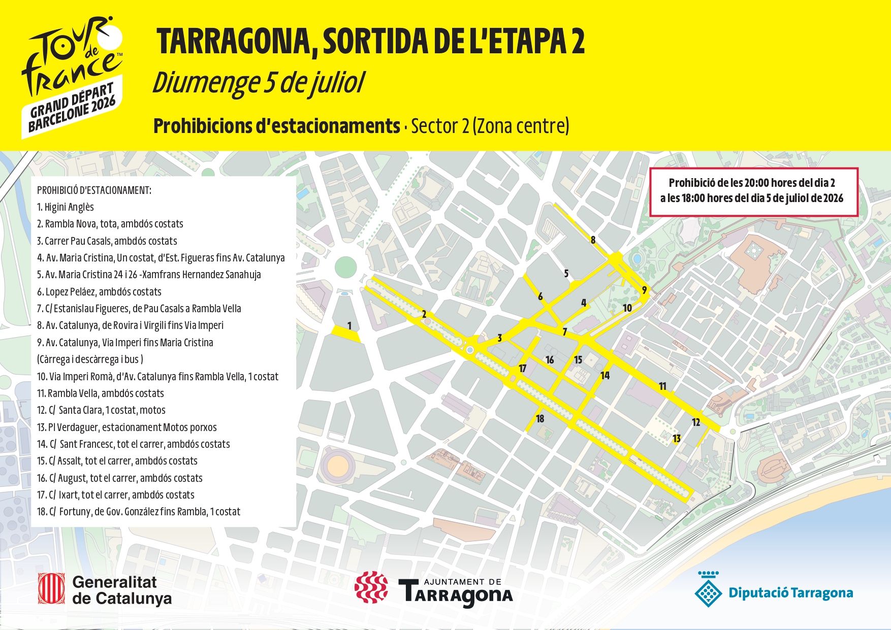 Mapa de prohibició d'estacionaments pel Tour de França al centre de Tarragona