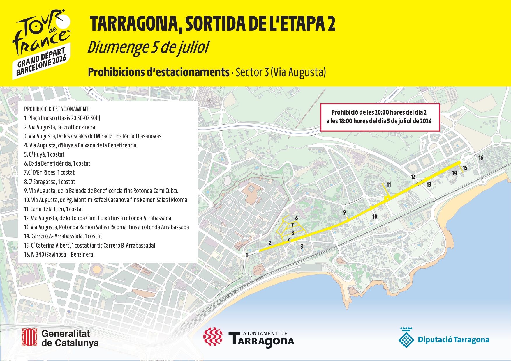 Mapa de prohibició d'estacionaments pel Tour de França a la Via Augusta Savinosa de Tarragona