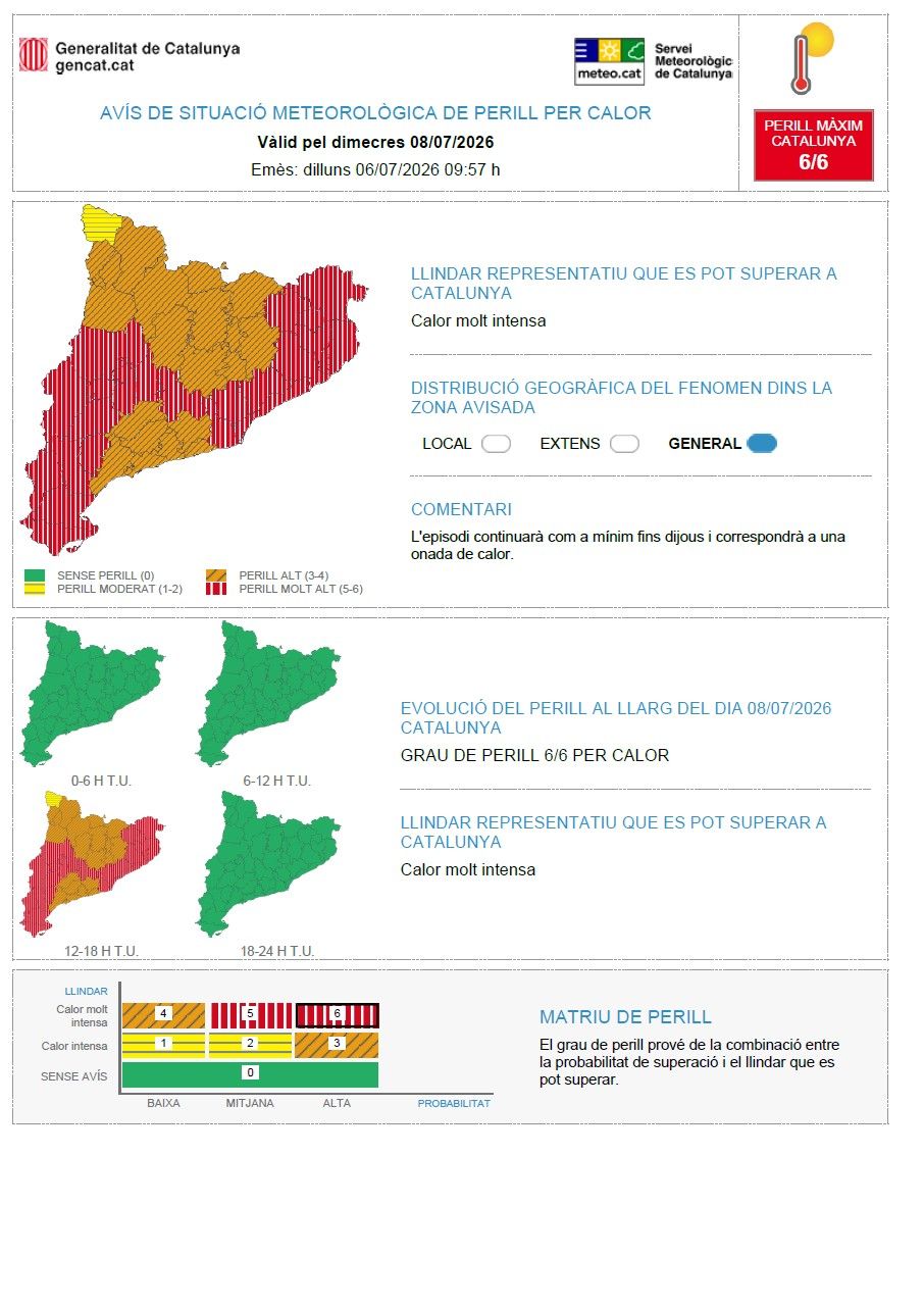Mapa d'avisos per calor el 8 de juliol del 2026