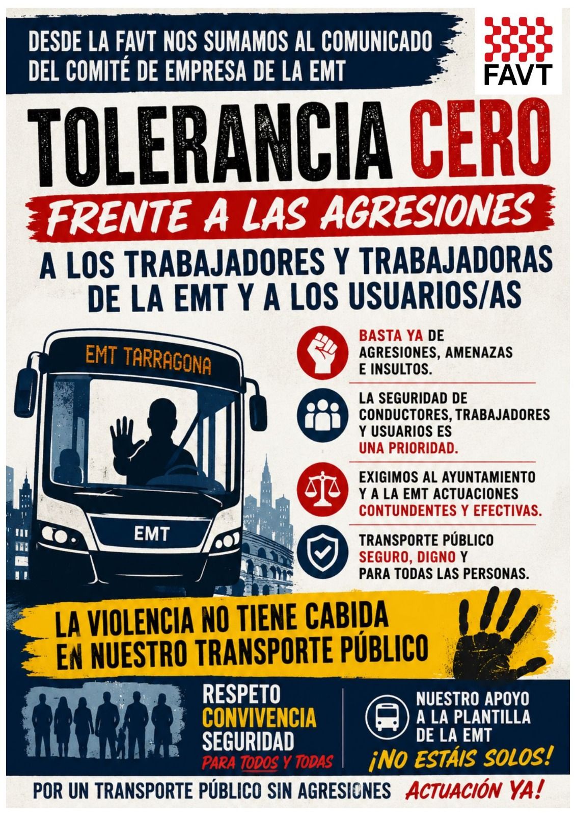 Cartell de tolerància zero contra les agressions als treballadors de l'EMT de Tarragona