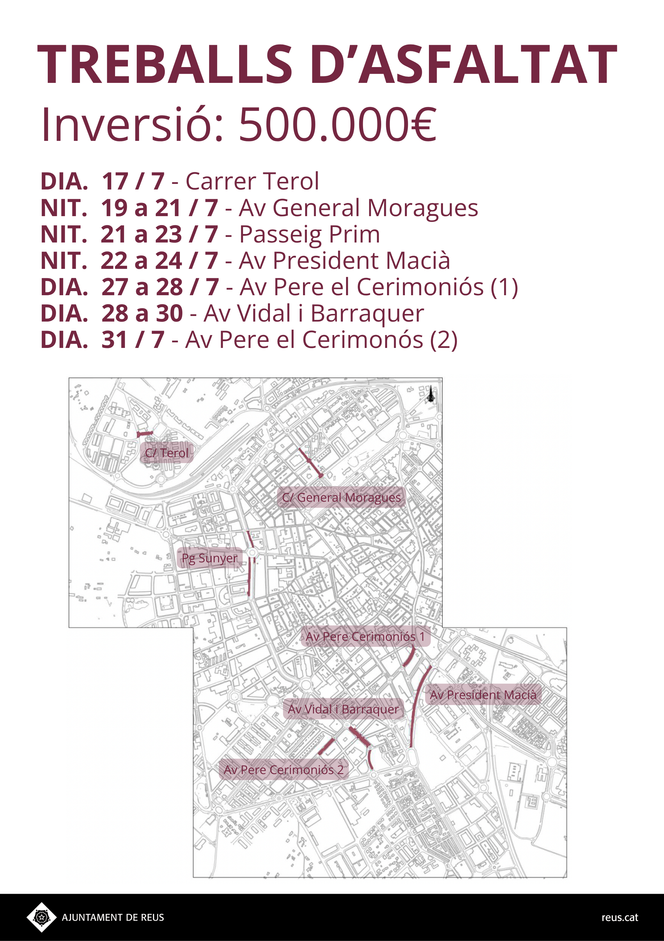 Planificació treballs d'asfaltatge el juliol del 2026 a Reus