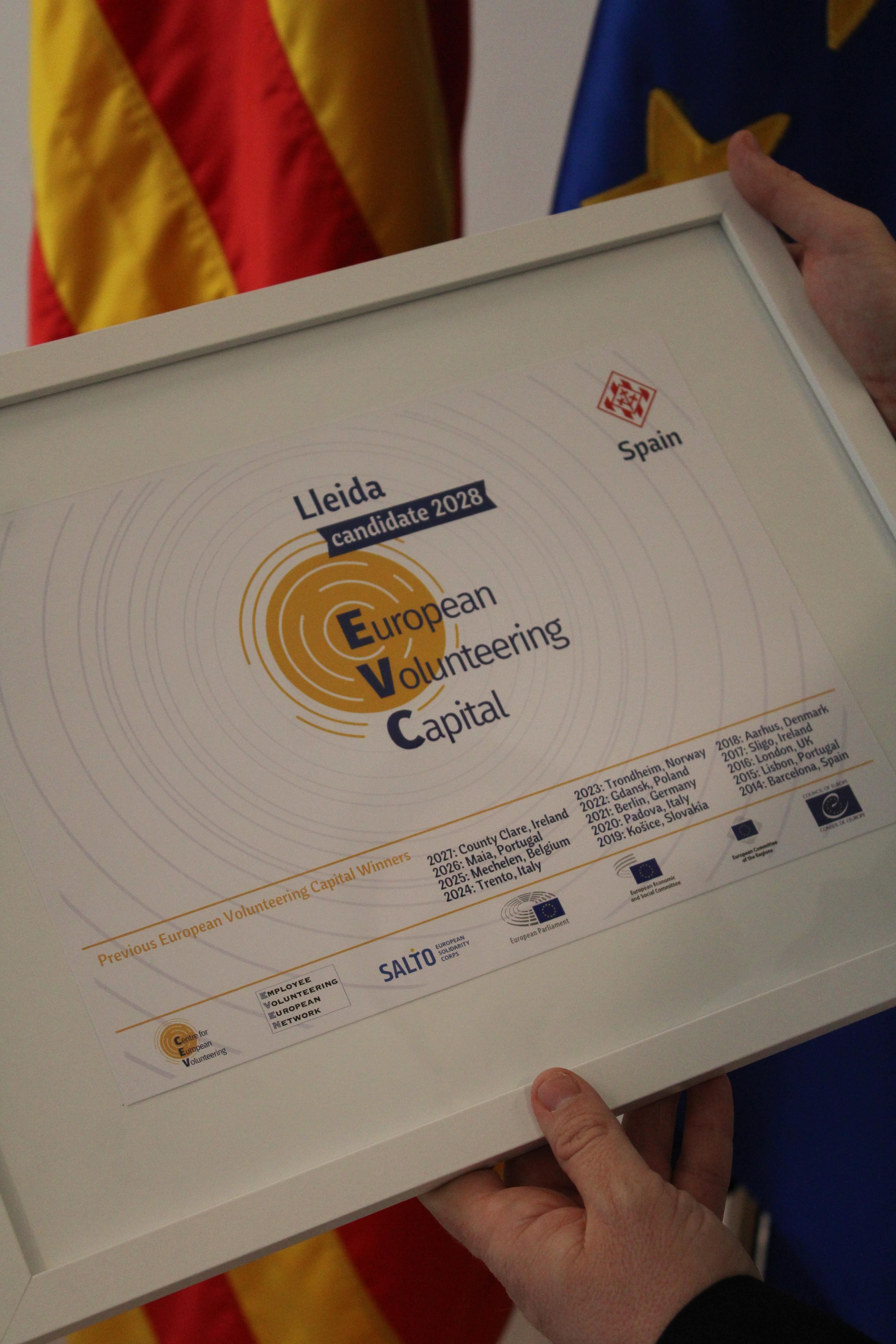 Diploma a Lleida com a candidata a la Capital Europea del Voluntariat 2028
