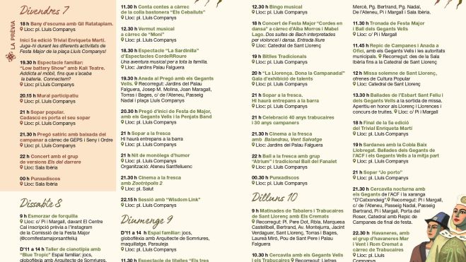 Programa d'activitats Festa Major de Sant Llorent 2026 Sant feliu de Llobregat