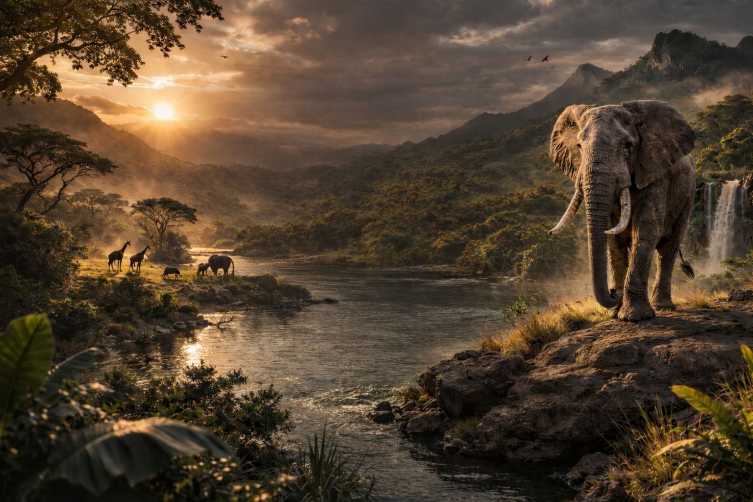ELEFANTES Y JIRAFAS EN  LA RESERVA DE AFRICA 