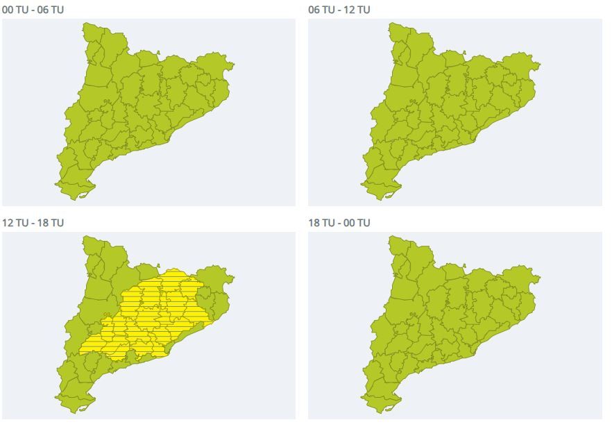 Avisos per intensitat de pluja en 3 hores el 6 d'agost
