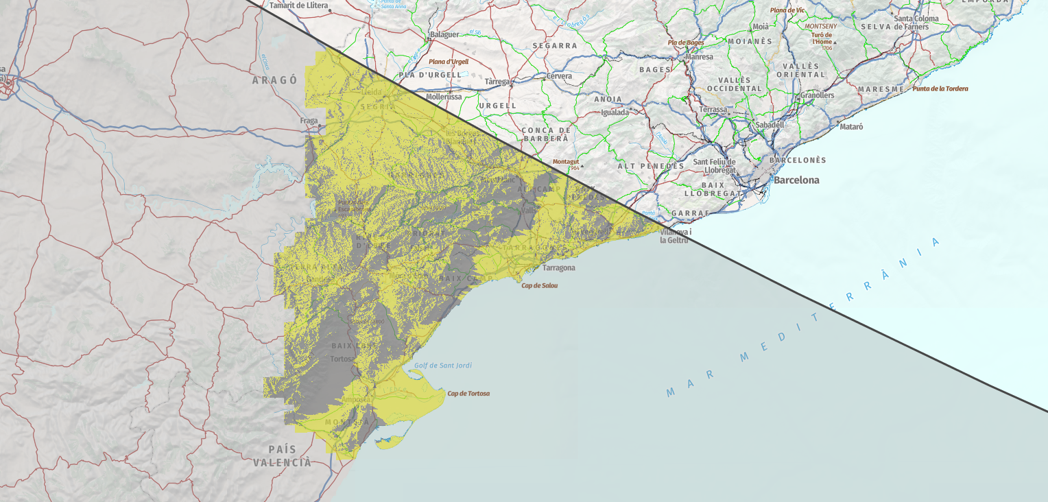 Mapa de zones amb visibilitat i sense de l'eclipsi solar del 12 d'agost al sud de Catalunya de l’Institut d’Estudis Espacials de Catalunya