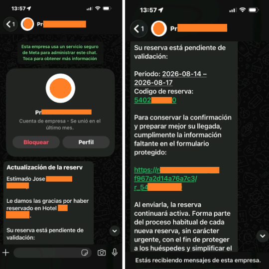 Fraude phishing hotel whatsapp