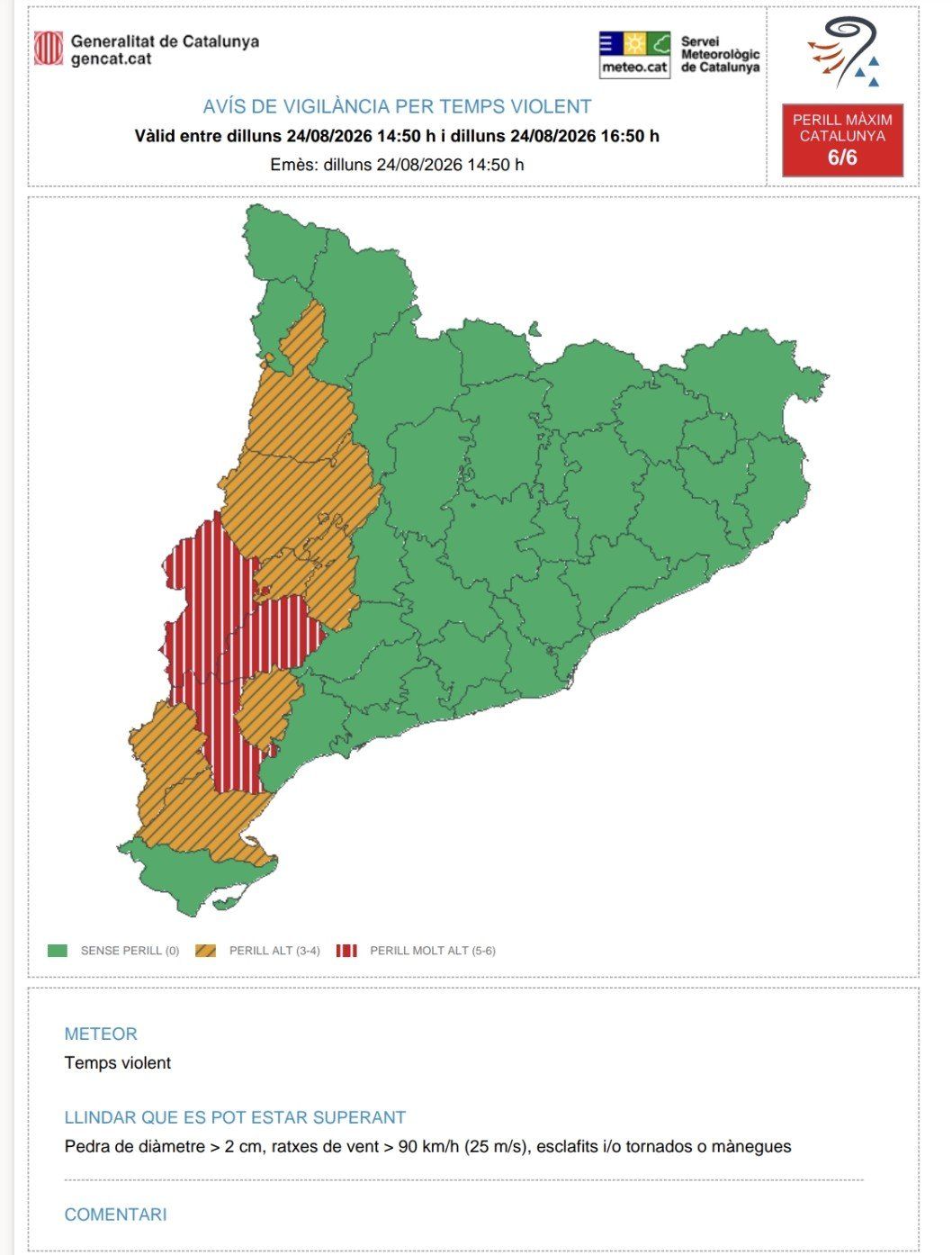 Avisos per temps violent a comarques de Ponent i l'Ebre