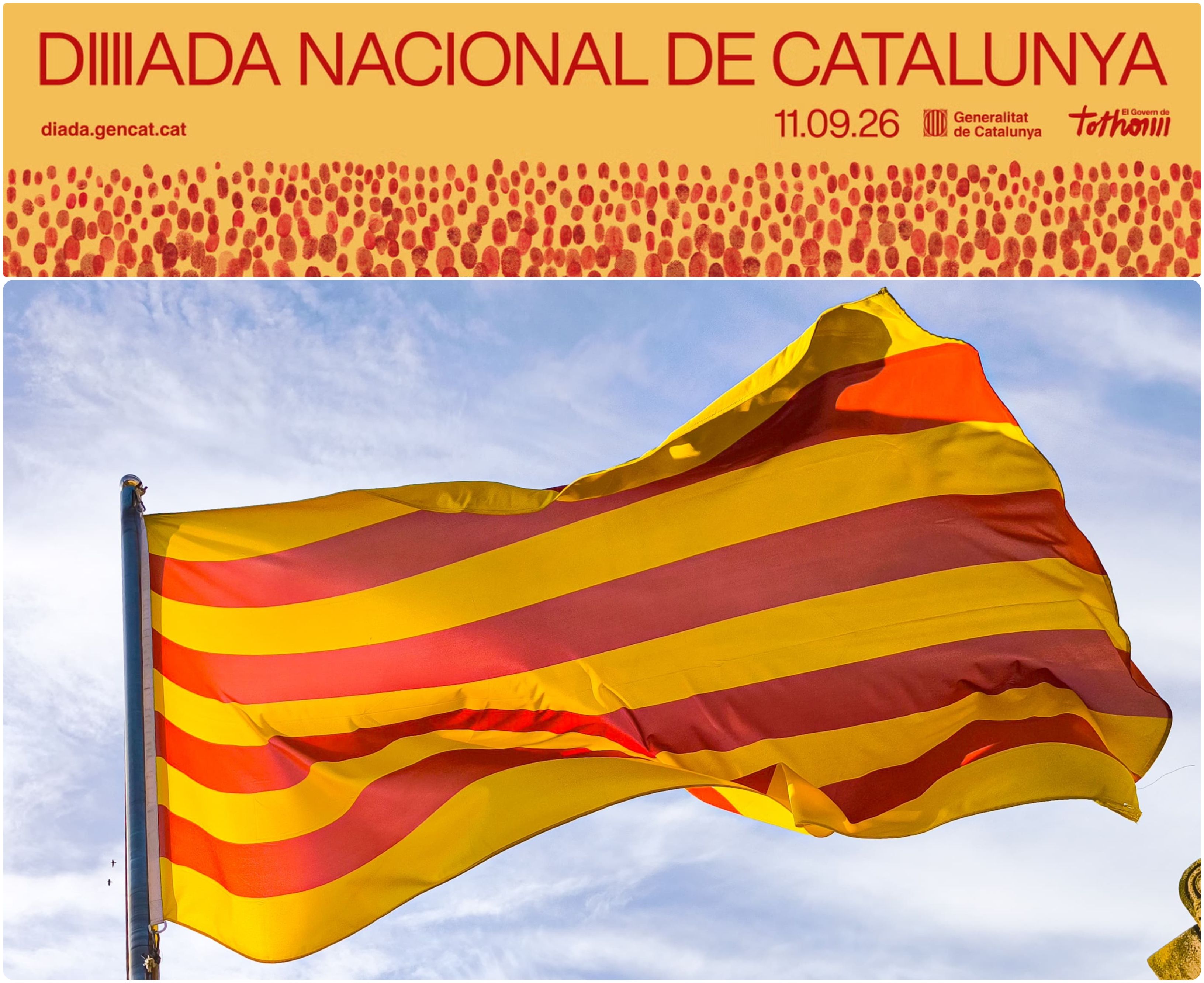 Muntatge del cartell institucional de la Diada i una senyera (JuntsXCat Paeria).