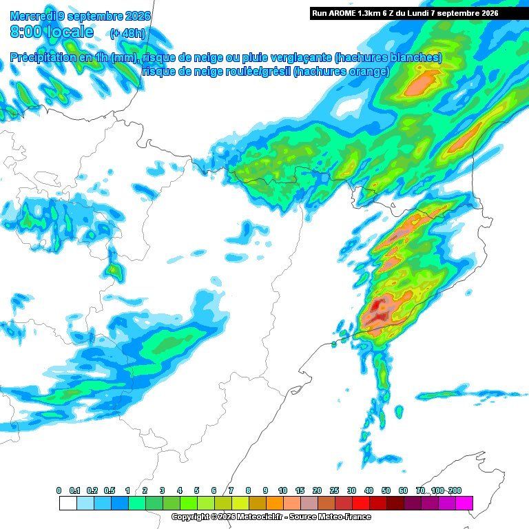 Previsió del model AROME de tempestes el 9 de setembre a Barcelona i la seva àrea metropolitana