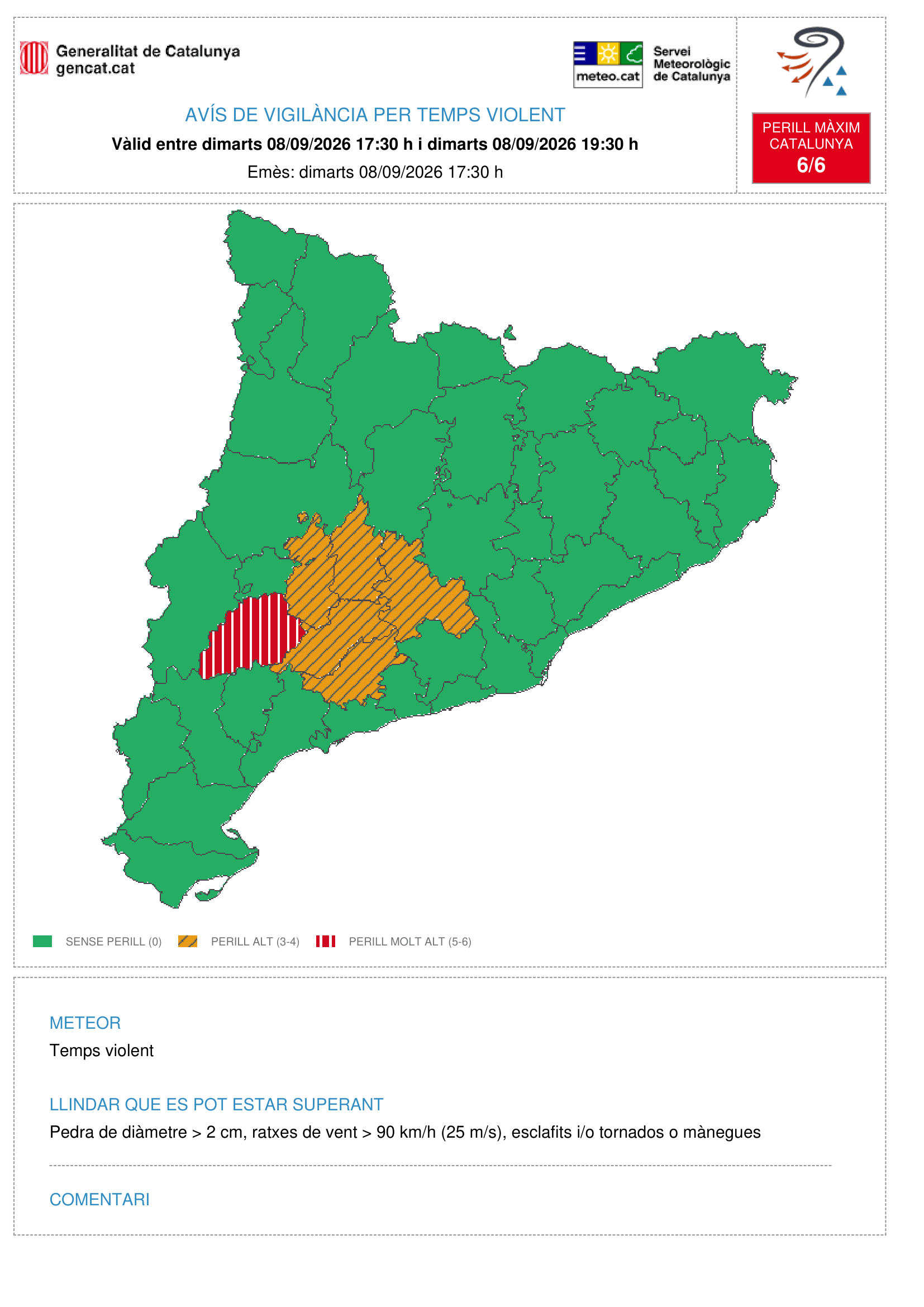 Avisos per temps violent la tarda de dimarts, 8 de setembre