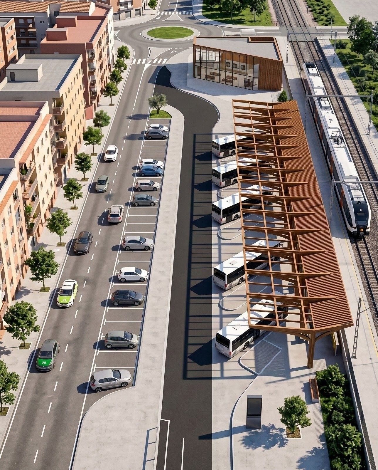 Render per una nova estació d'autobús integrada a la futura estació de ferrocarrils de la generalitat a Balaguer