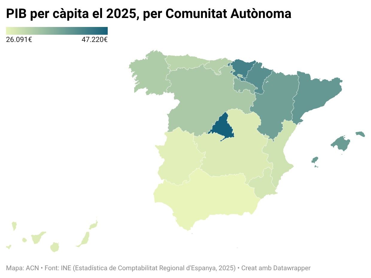 Mapa del PIB per càpita el 2025 per CCAA