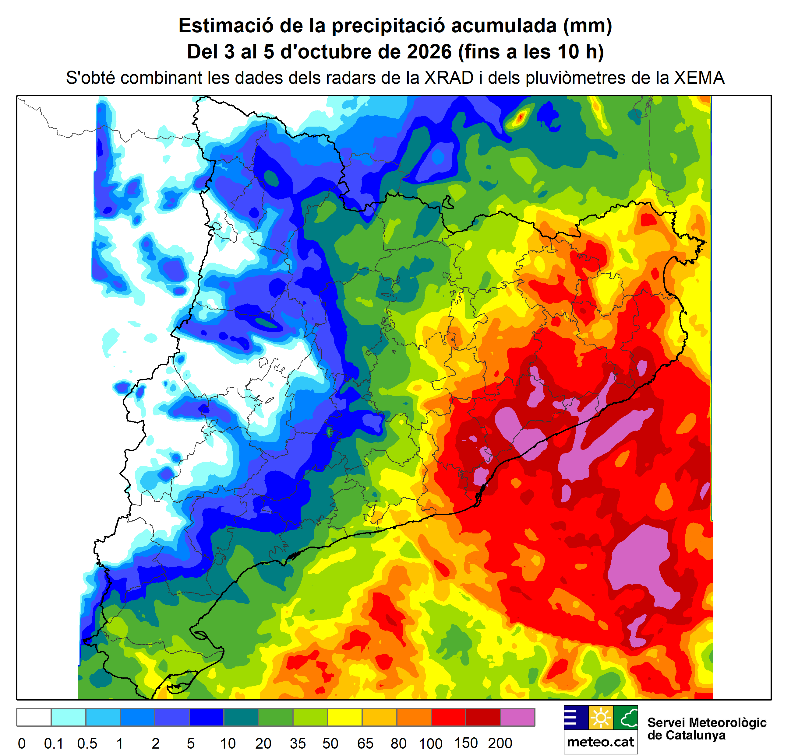 Mapa de precipitació acumulada a Catalunya del 3 al 5 d'octubre