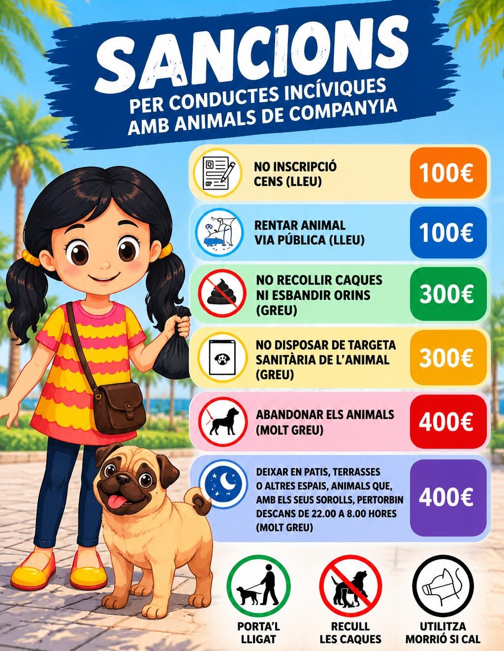 Cartell informatiu sobre les sancions econòmiques per conductes incíviques dels propietaris de gossos a Salou