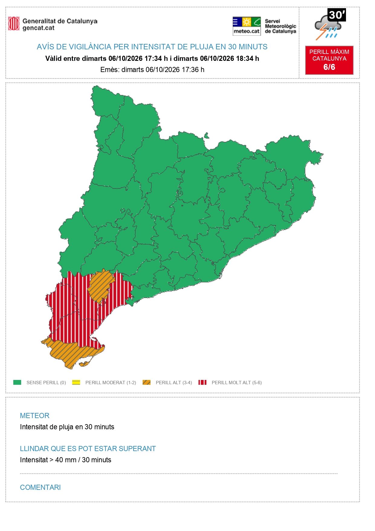 Avís d'observació per intensitat torrencial de pluja 6 d'octubre