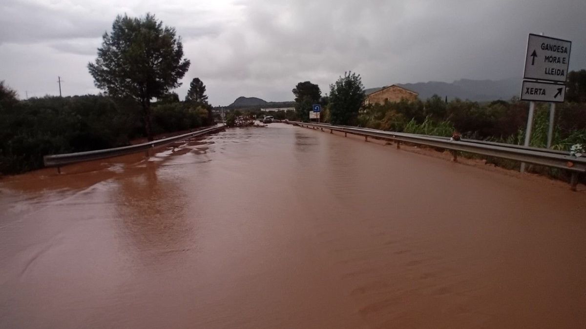 La calçada de la C 12, al seu pas per Xerta, inundada