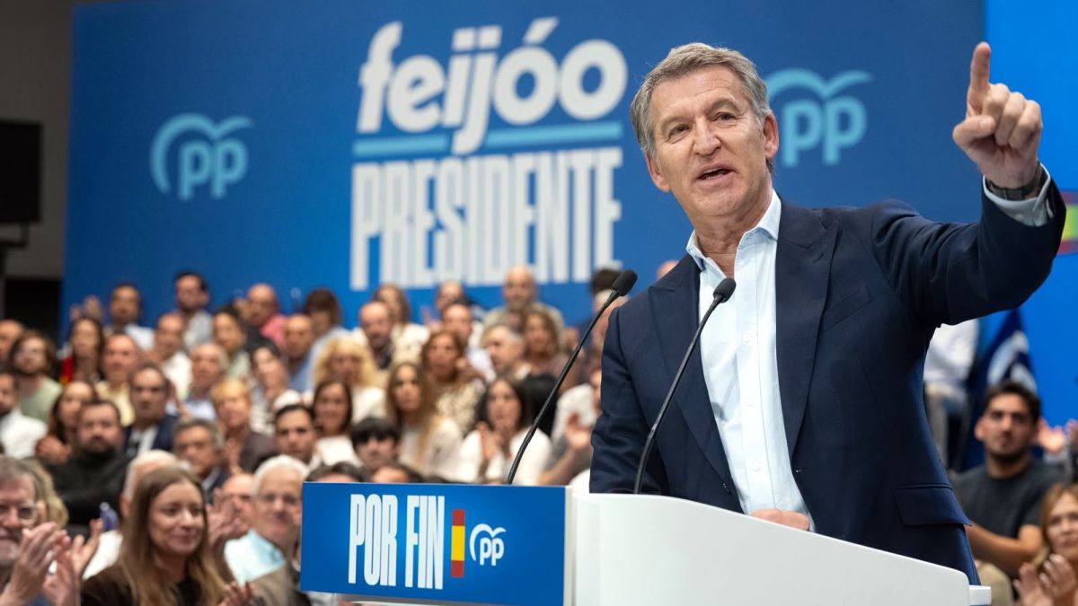 El president del PP, Alberto Núñez Feijóo, en el míting de precampanya del PP a Madrid