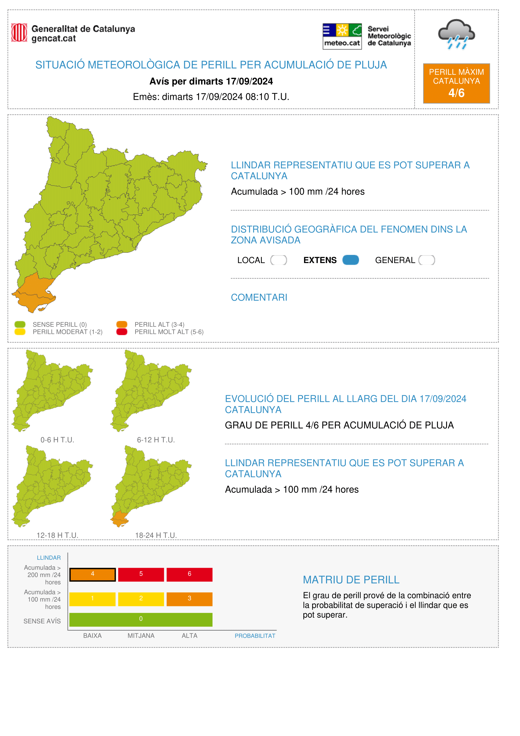 Mapa de avisos por acumulación de lluvia el 17 de septiembre de 2024 en Cataluña