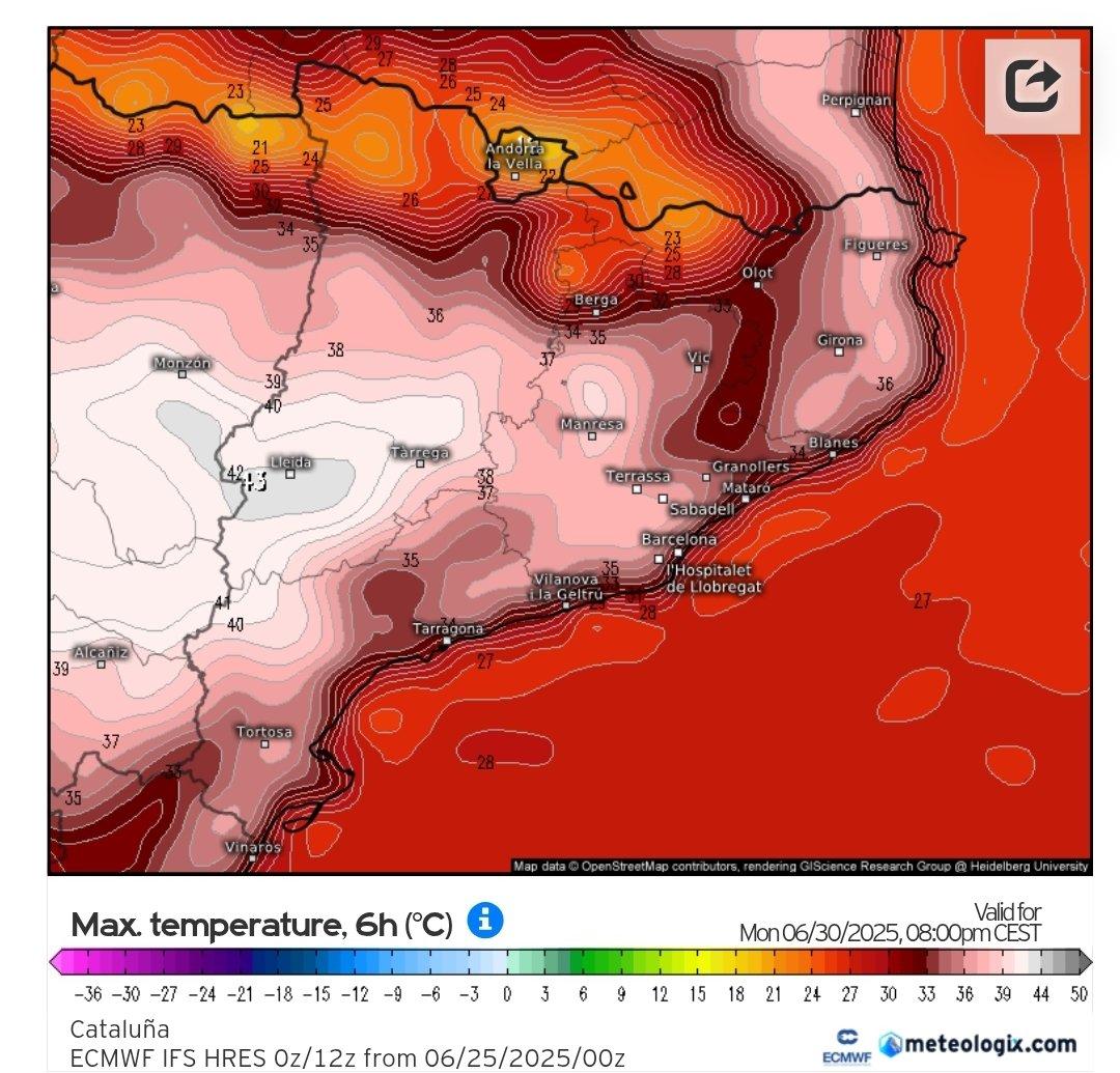 Mapa de temperatures màximes previstes el 30 de juny del 2025 a Catalunya, segons el model ECMWF
